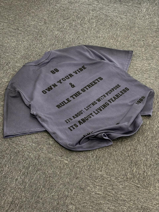 Charcoal Acid Wash Purple Grey Graphic Tee - "Own Your Vibe" Streetwear Edition