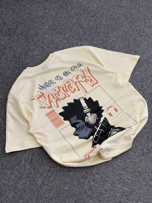 "Music is My Only Therapy" Oversized Graphic Tee – Stone Grey